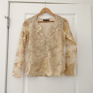 Boston Proper Embroidered Mesh Overlay Floral Top Metallic